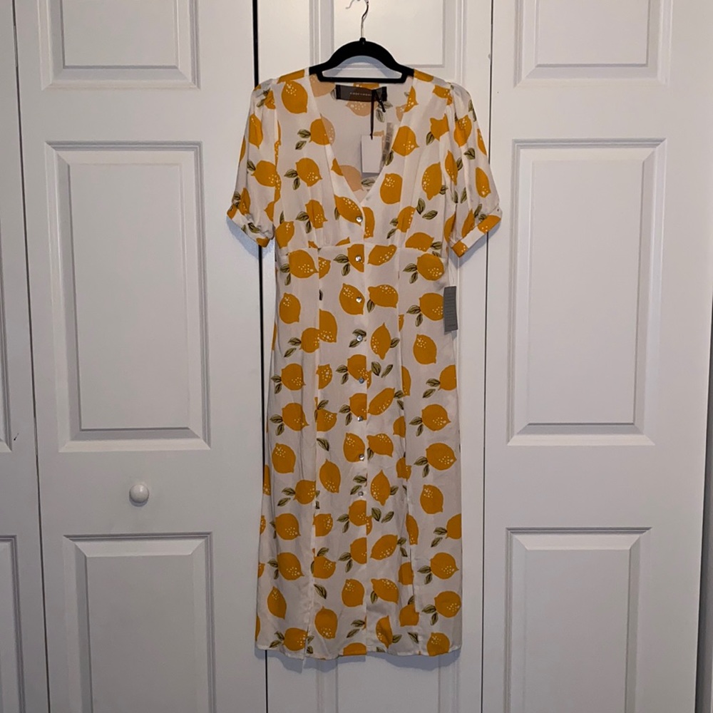 Lemon Print Button Down Midi Dress
